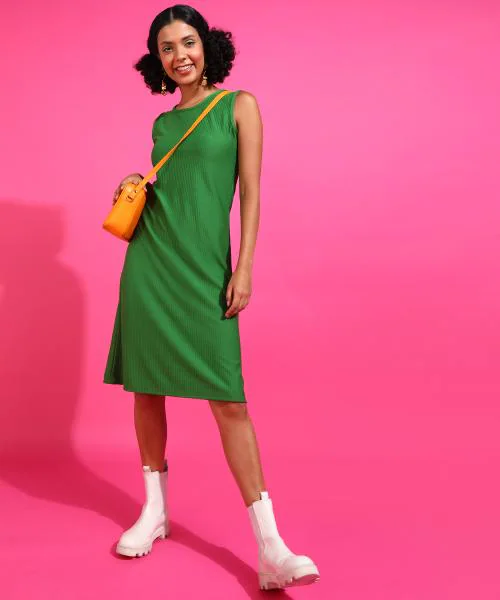 Popwings Women Casual Green Rib Knee Length A-Line Dress | Women Stylish Dress | Women Latest Design Dress