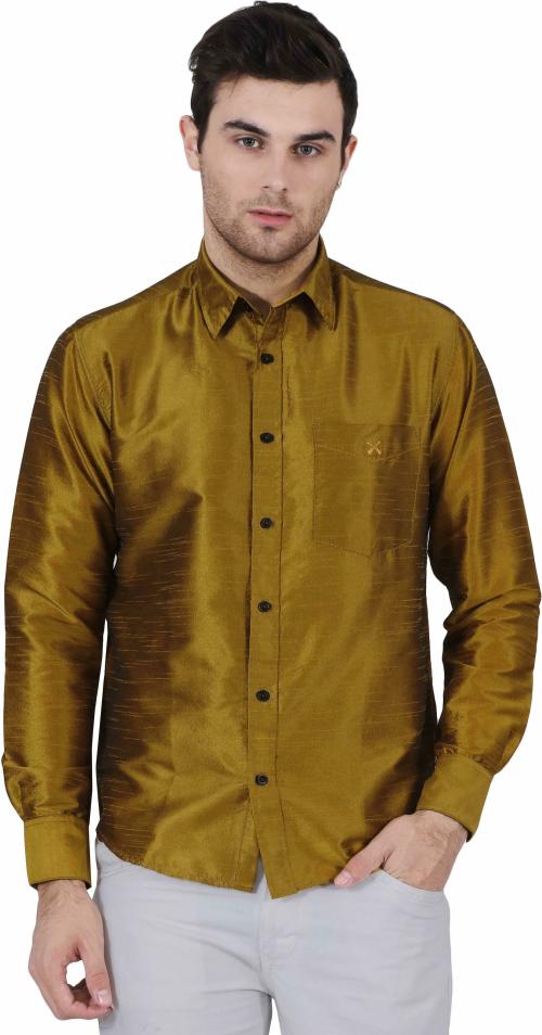 Club X Men Gold Solid Poly Silk Party Shirts (S)