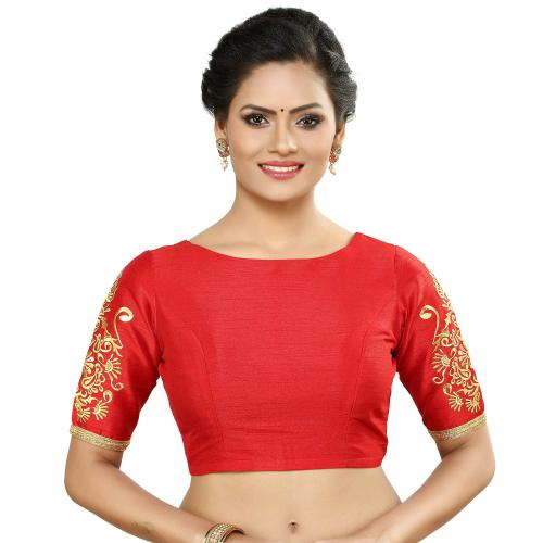 Madhu Fashion Women Red Embroidered Poly Raw Silk Readymade Saree Blouse (40)