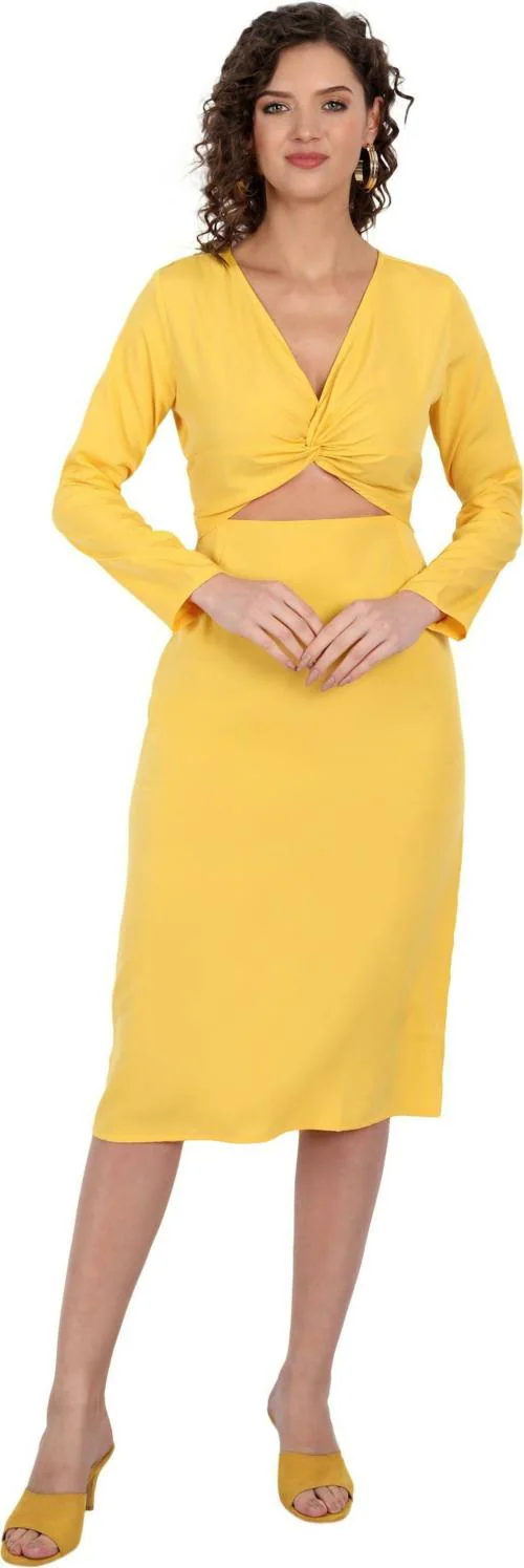 MINGLAY Women Yellow Solid Crepe A-line Dress