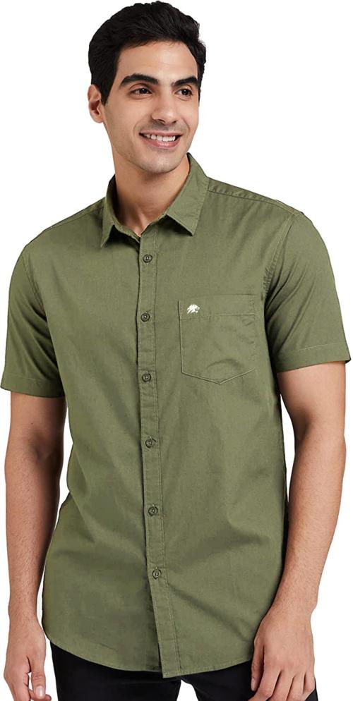 BRUCEWANE Men Light Green Solid Cotton Blend Casual Shirt - L