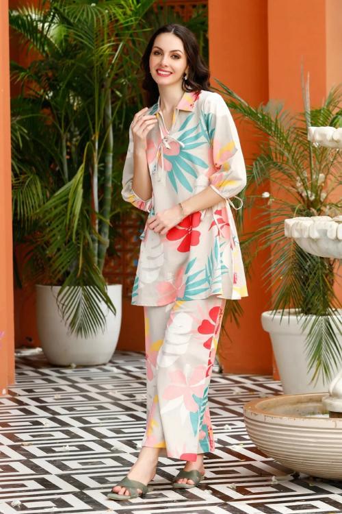 ZESTY New Style Cotton Blend 3/4 sleeve V-neck Floral Printed Top And Palazzo co-ord set for Women
