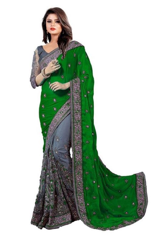 Harmi fashion Women's Satin Net Embroidery Work Saree Lycra Embroidered Embellished Saree with Blouse Perfect for Every Occasion