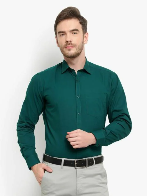 D Kumar Men's Cotton Regular Fit Bottle Green Teal Solid Full Sleeves Formal / Casual Shirt