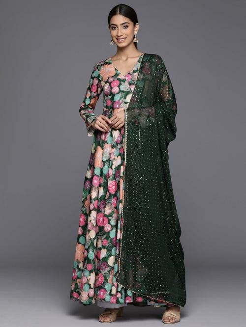 Varanga Women Green Floral Printed Angrakha Style Anarkali Kurta Paired With Dupatta