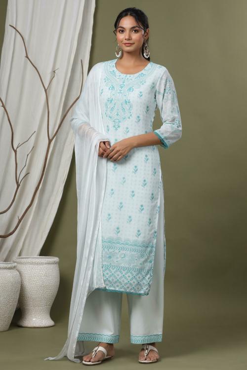 Juniper Women Bluemulti Chiffon Printed Straight Kurta Sets