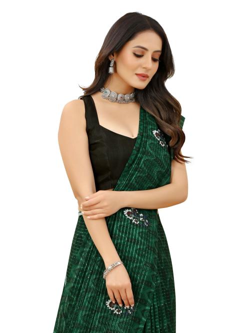 sadika women's bollywood fashion bottle green digital print stripe embroidery sequance crochet cotton thread work georgette saree