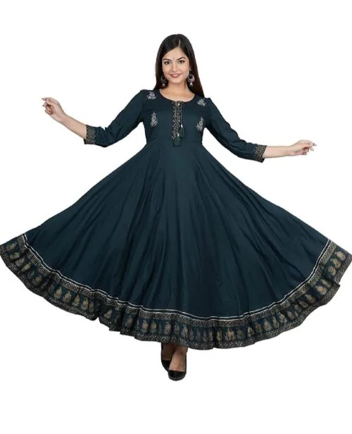 Hustiger Women's Rayon Embroidery Gown (Green-XL)