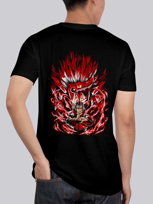 BLISSINK Naruto Anime Front And Back Printed Black Cotton Tshirt for Men