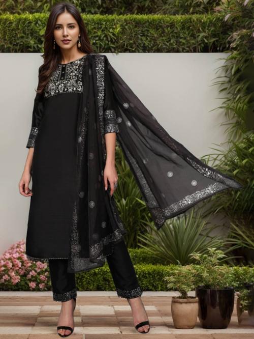 Vaamsi Poly Silk Embroidered Kurta Trousers Dupatta Set