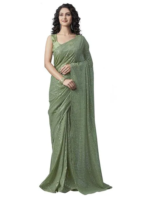 Thishma Women Light Green Sequin Georgette and Satin Silk Saree with Blouse Piece