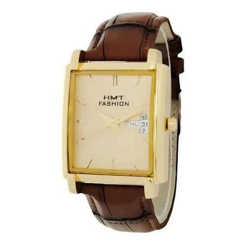 HMT FASHION Gold Dial Stainless Steel Brown Leather Strap Watch for Men and Boys HMTFG804BR