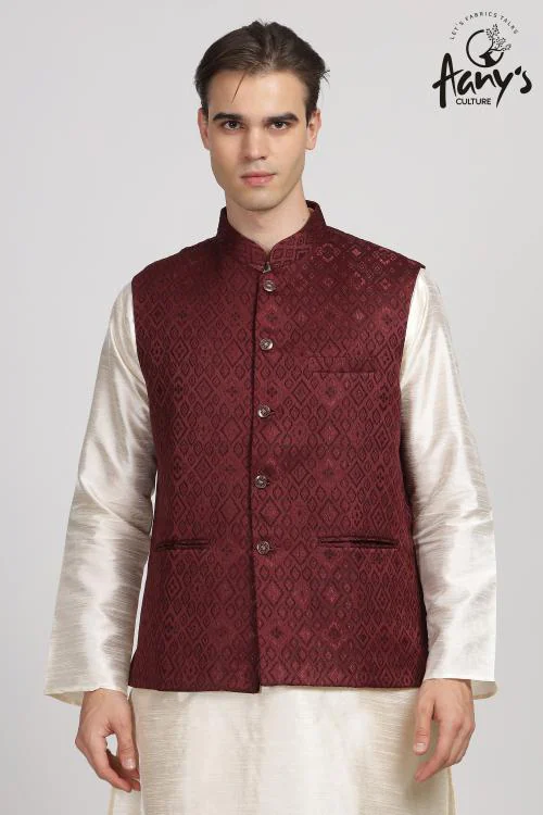 Aany's Culture Maroon Floral Pattern Polyester Wedding Nehru Jacket (Koti) XXL