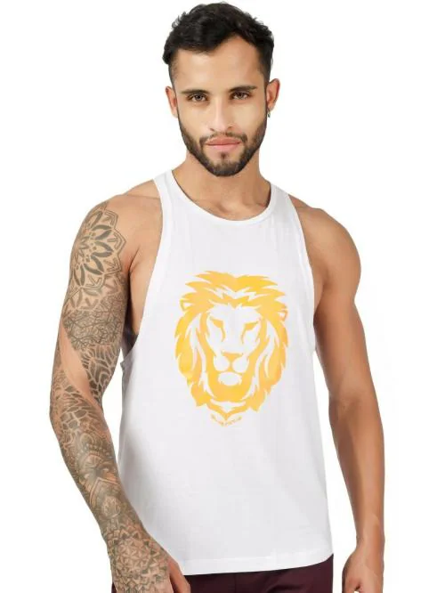 BlueFicus White Printed Pure Cotton Fabric Vest Sando for Men (103-M-LION-SANDO-WHITE-M)