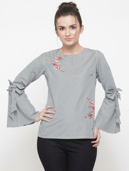 Pluss Women Multicolor Checkered Cotton Blend Casual Regular Sleeve Top