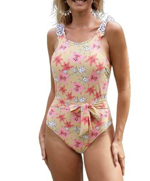Plus Curvves Yellow One-piece Floral Printing Swimsuit - M Size
