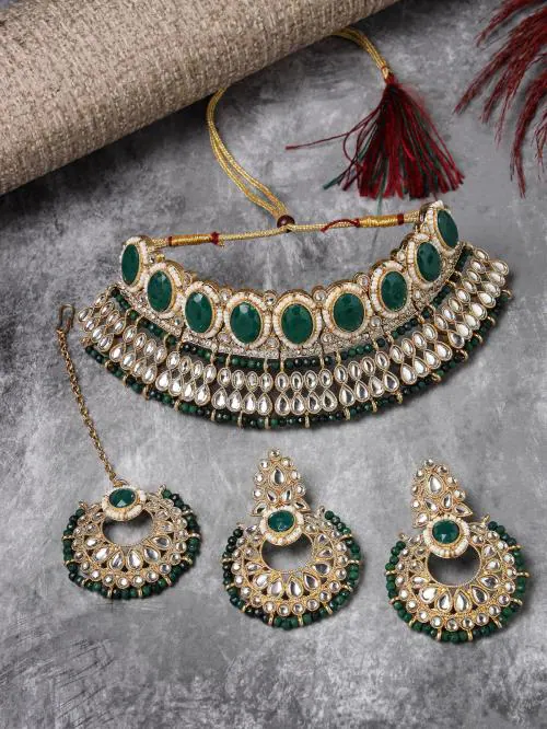Sukkhi Delightful Trendy Gold Plated Green Kundan & Beads Choker Necklace Set With Earring And Maangtika | Jewellery Set For Women (NS105577)
