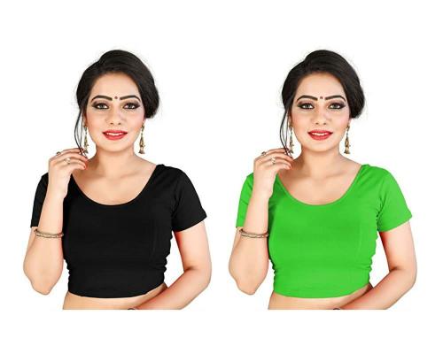 BKD Fashion Women Parrot Green and Black pack of 2 Readymade Stitched Saree Blouse (2XL)