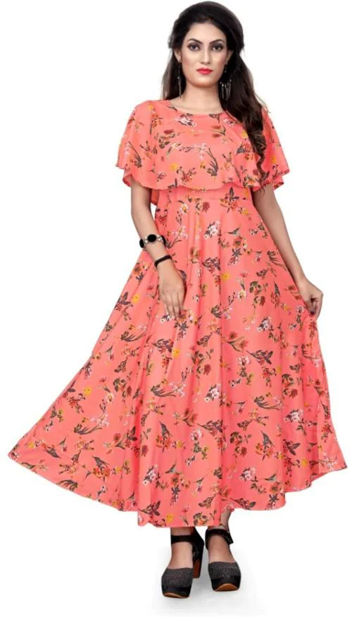Vaani Creaion Women Orange Floral Print Crepe A-line Gown Dress -