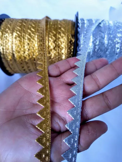 Krivity Women Gold, Silver Lace Gotta Patti Lace Saree Falls (Pack Of 2)