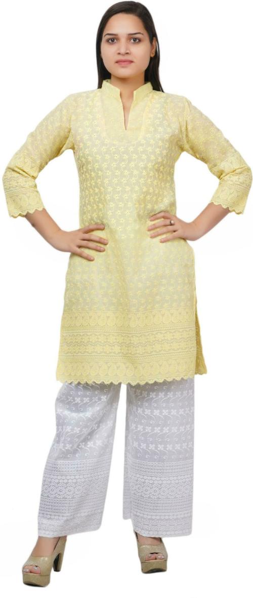 Trendzmy Women Light Yellow Chikan Embroidery Cotton Blend Straight Kurta (Small)