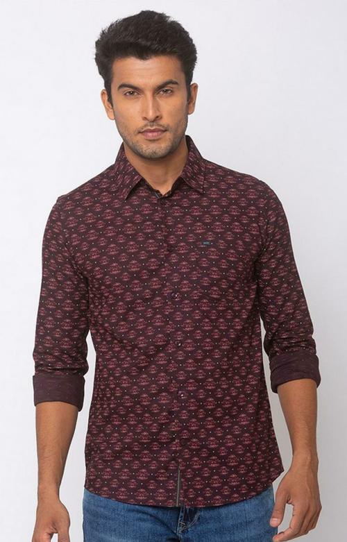 Spykar Red Cotton Slim Fit Shirts For Men