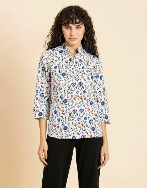 Moomaya Women's Printed Cotton Shirt Top, Mandarin Collar Button Down Elbow Sleeves Top