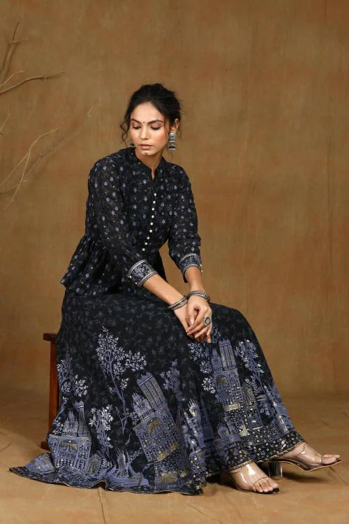 Juniper Women Black Georgette Printed Lehenga Choli Set.