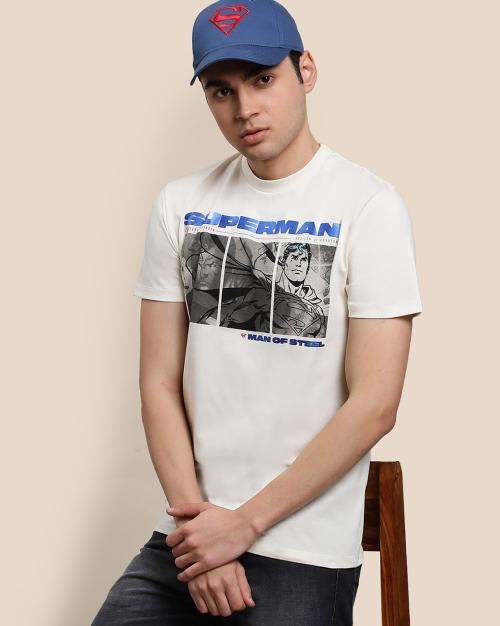 Free Authority Superman Printed Half Sleeves Off-White T-Shirt for Men