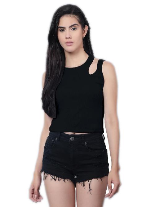 Sassyvilla Womans & Girls Solid Ribbed Tank Tops Sleeveless Cotton Lycra Double Shoulder Round Neck Slim Fit Crop Top (Black_ Large)