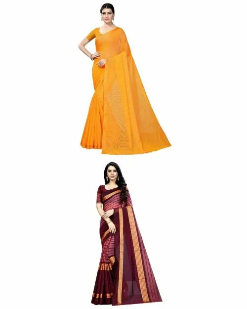 Vkaran Women's Mustard & Wine Colour Cotton Silk Saree With Blouse pack of 2