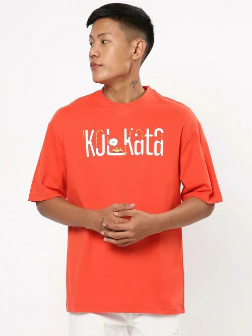 Bewakoof Men's Red Kolkata Doodle Typography Round Neck Short Sleeve Oversized T-shirt