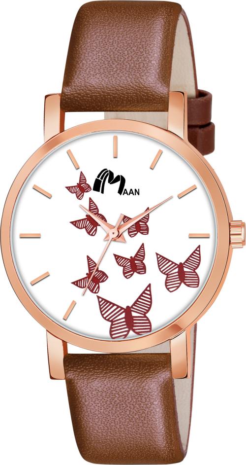 Maan International Analog Wrist Watch White Dial Brown Strap for Women - (RB-205-Brown)