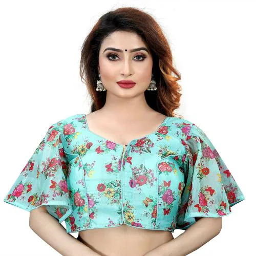 Hitarth Fashion Women's Chiffon Floral Bell Sleeve Blouse (SFB102_LBL_FREE_Turquoise_Free Size)