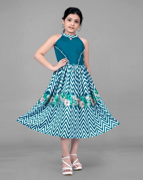 Fashion Dream Girls Teal Chevron Printed Crepe Pack Of 1 Frock | Dresses | Kids Wear | Girls Dress | Kids Dress | Frock | Frock Girls | Girls Frock | Dresses For Girls | Kids Girl Dress | Frock For Girls