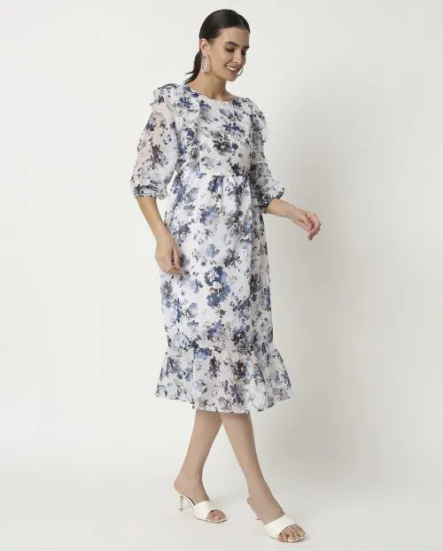 My Swag Women's Floral Print White Color Office Wear Trendy Fit And Flare Maxi Dress