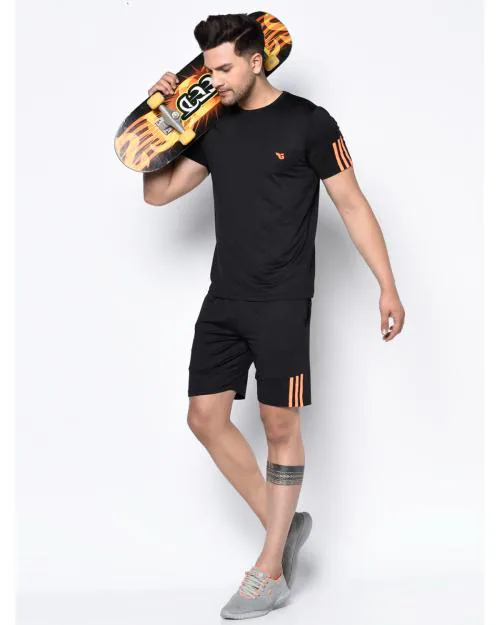 Glito Men Sports Tracksuit Black Short Cotton Blend Striped Running