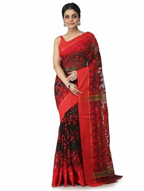 PinkLoom Women Black and Red Dhakai Pure Cotton Jamdani Saree