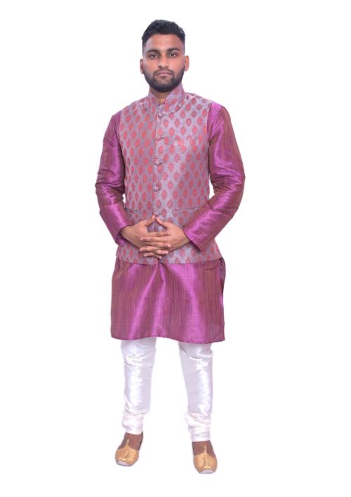 Mag Men's Purple Double Tone Kurta White Churidar With Carrot Colour Waistcoat