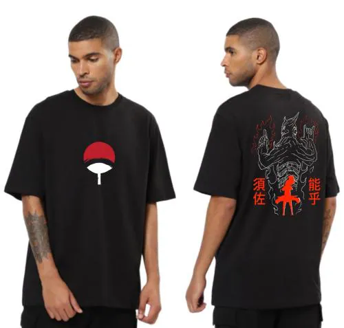 Anime t Shirt for Men Oversized fit Naruto t Shirts Round Neck Uchiha Madara Tshirt Black Half Sleeves Pure Cotton