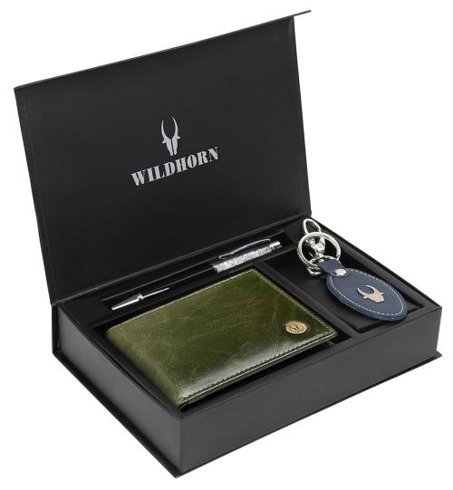 Wildhorn Men Green Wallet Keyring Pen And Rakhi Set (Rakhi Pwk Combo 2052)