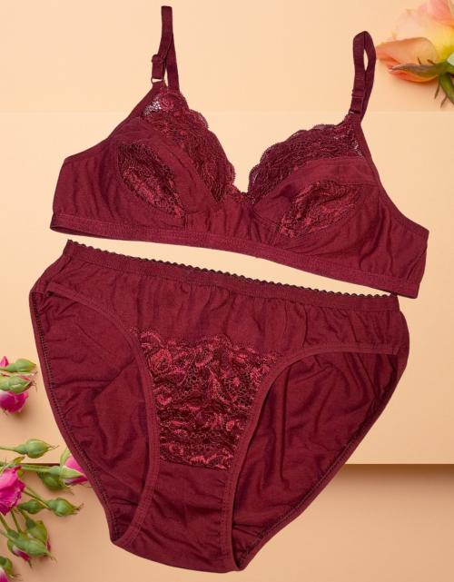 D Life Dream Life Maroon Lace -Hosiery Non Padded Full Coverage Women Lingerie Set