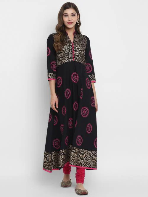 CROESUS THE TRADITIONAL LOOK G Kurties Women Black Printed Pure Cotton Anarkali Kurta - Gc177 (Xl) l Women kurti l Woman Kurta l Women Kurta