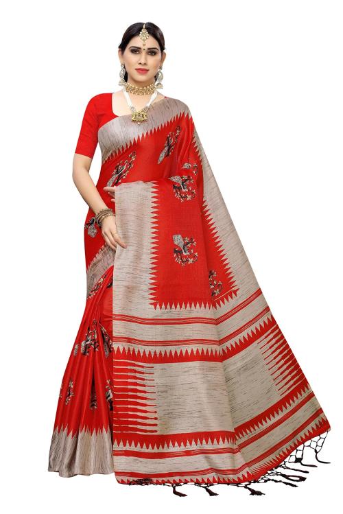 RITARC Women Twinkle Red Art Silk Banarasi Style Saree With Blouse Piece