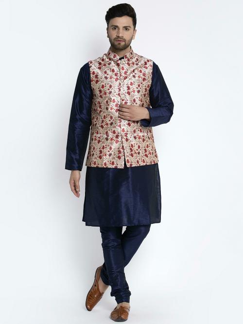Benstoke Men's Silk Blend Navy Blue Kurta With Pyjama & Beige Printed Nehru Jacket