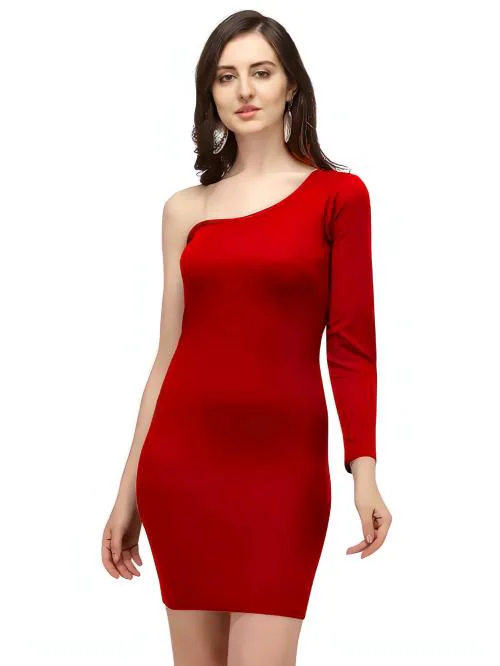 Buy ZELZIS Women Lycra Fency One Sholder Red Bodycon Dress Online at ...