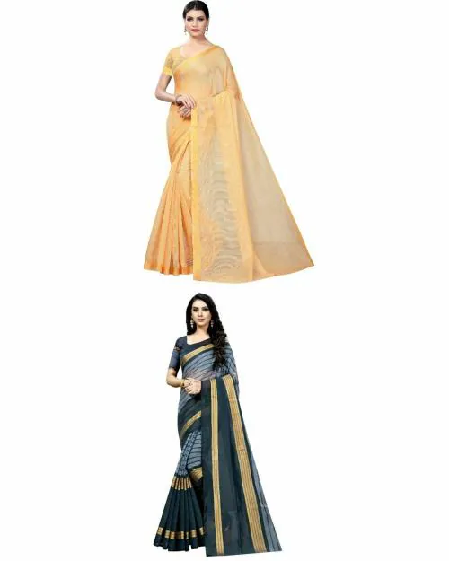 Vkaran Women's Beige & Grey Colour Cotton Silk Saree With Blouse pack of 2