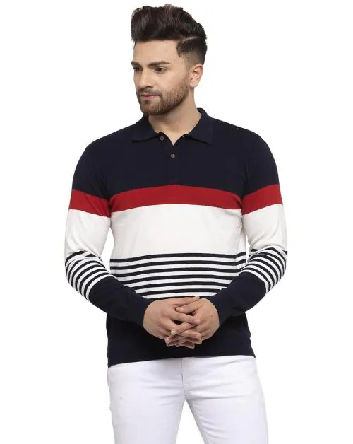 Kalt Men Navy Blue White Striped Polo Collar Cotton T-shirt