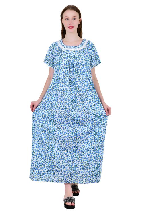 Redglo Women's Cotton Printed Nighty / Night Wear/ Super Soft Sleepwear Nighty/Maxi/Nightgown-Light-Blue