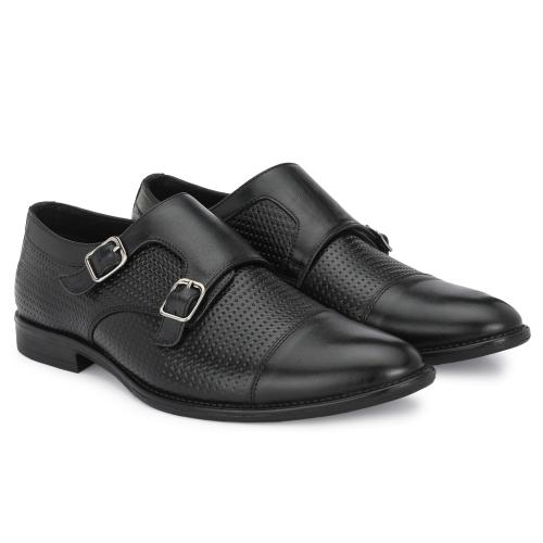 Muntjac Genuine Leather Double Strap Monk Formal Shoes for Men (Black)